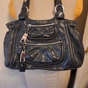 B. Makowsky Black Leather Shoulder Bag W Leopard Lining Very Nice!
